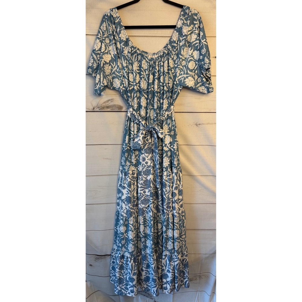 Smith & Quinn Blue White Floral Tiered Midi Dress XL Short Sleeve Belted Stretch